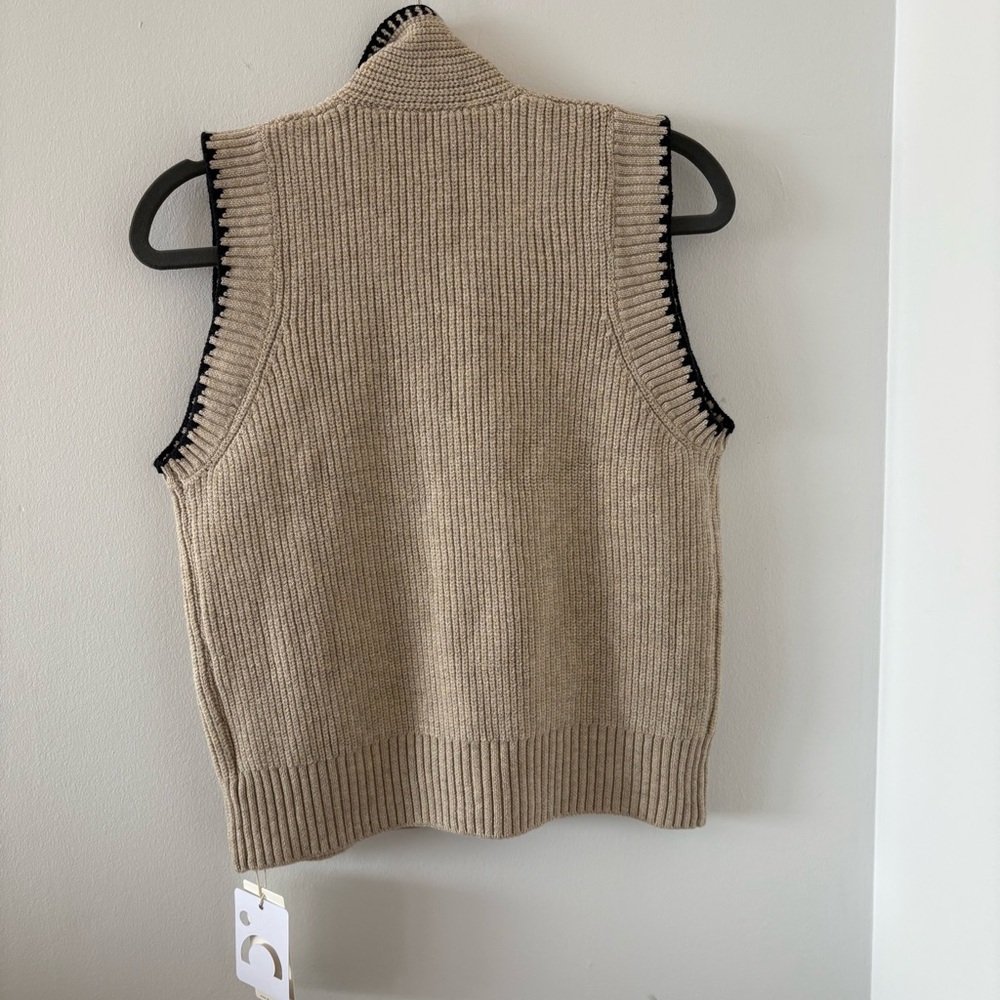 Commense Tie Neck Contrast Trim Button Sweater Vest Size L NWT In Khaki - Picture 10 of 13